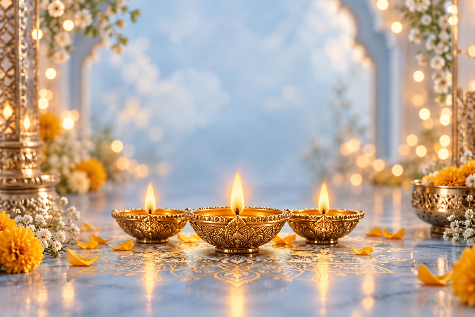 Glowing Diwali diyas with gold rangoli and marigolds on powder blue